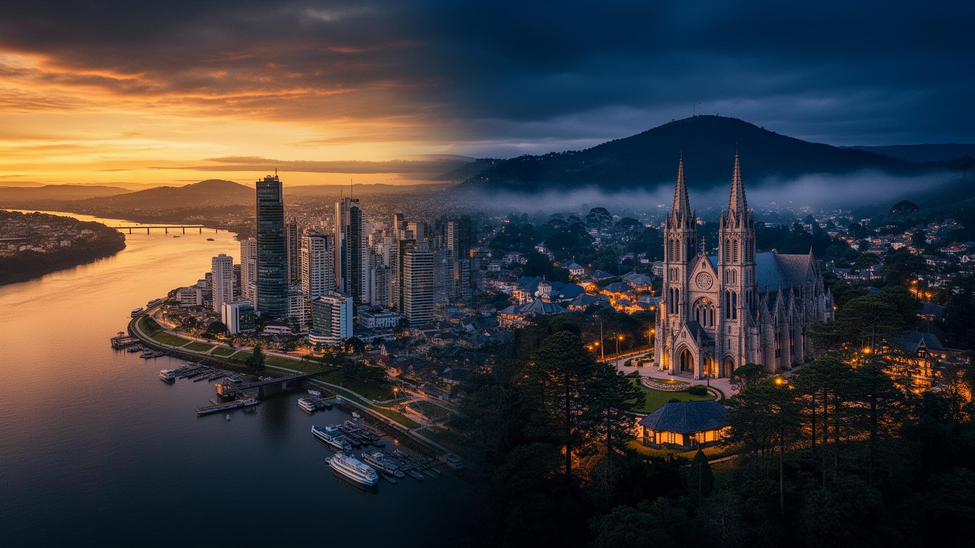 Porto Alegre e Gramado fundidas em uma vista panorâmica